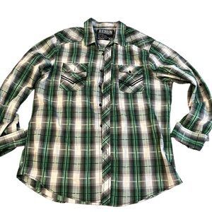 Rerun‎ Men's Black/Gray/green Long Sleeve Plaid Button Down Shirt XL lightweight
